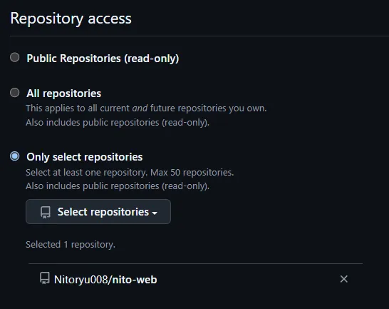 Only select repositoriesを選択するとSelect repositoriesというプルダウンが出てくるのでここからリポジトリを指定する。